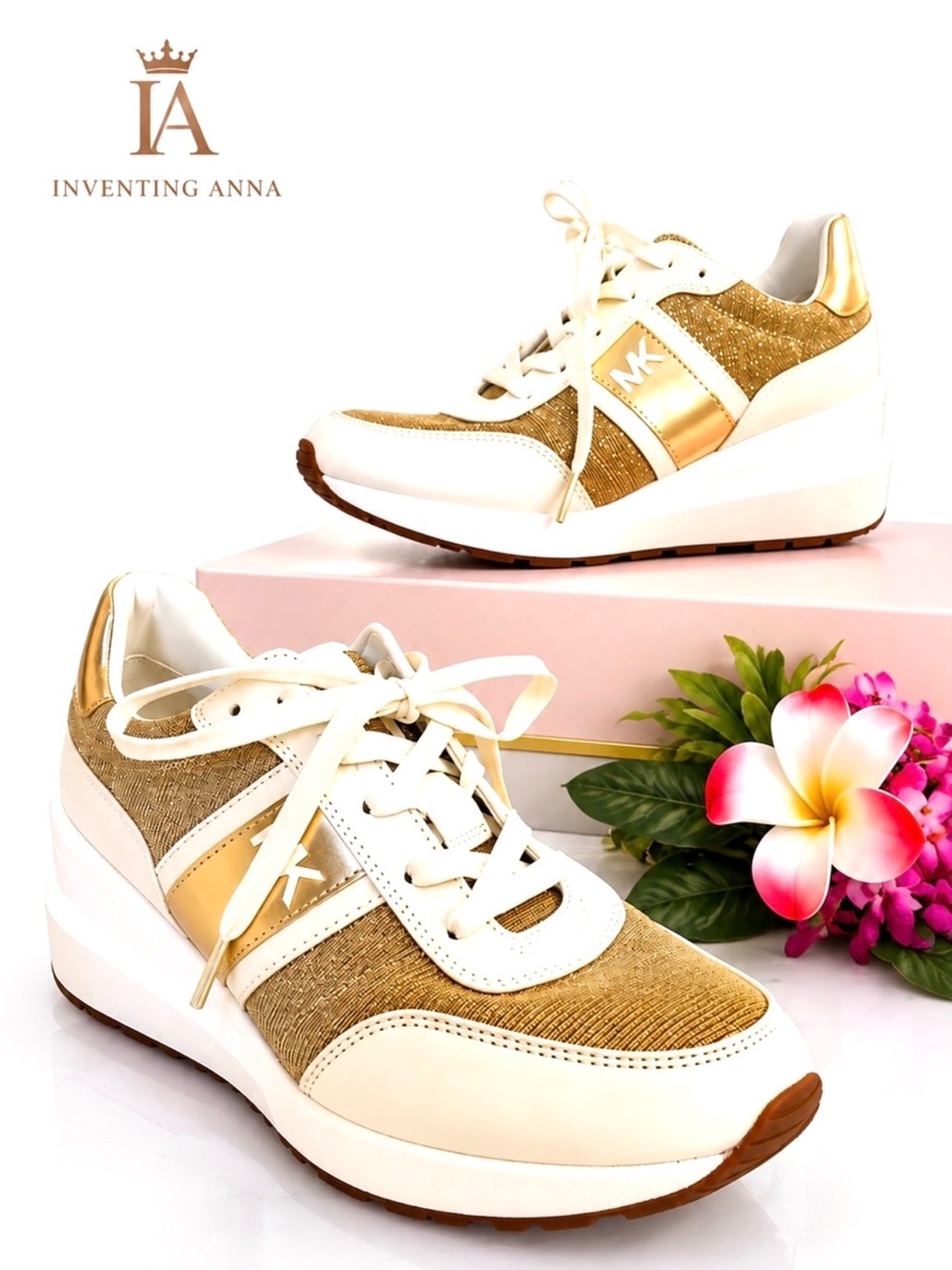 MICHAEL KORS Gold and Cream Cruelty Free Women's Platform Sneakers size 8